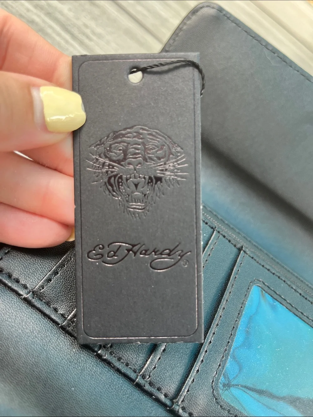 Ed Hardy White Embossed Wallet with Black Stud Accents & Logo Plaque with Skulls